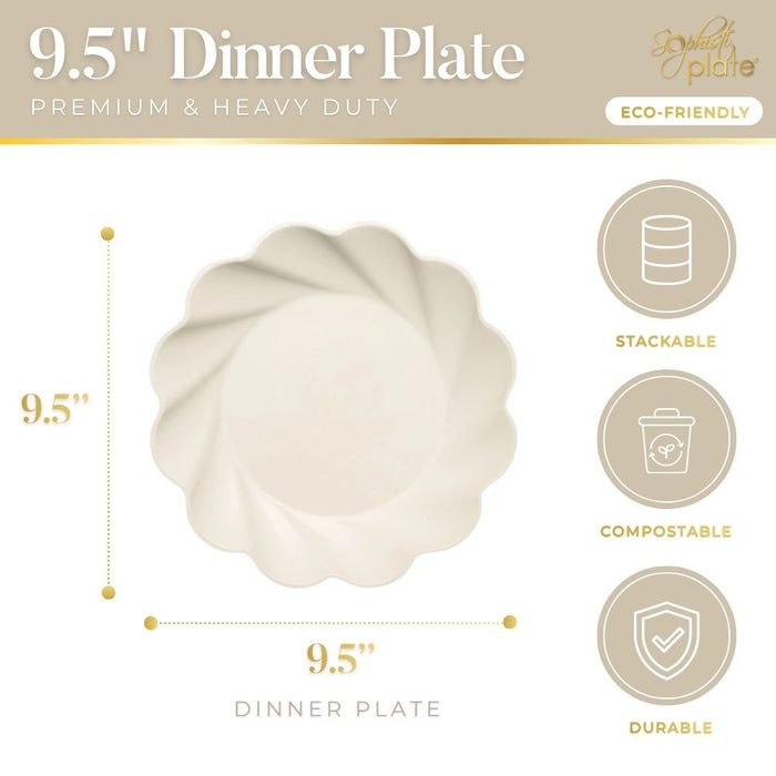 The Sophistiplate Simply Eco Dinner Plate–Cream comes in a set of 8. These premium 9.5-inch round plates feature a wavy edge, are durable, stackable, compostable, and eco-friendly—perfect for any occasion.