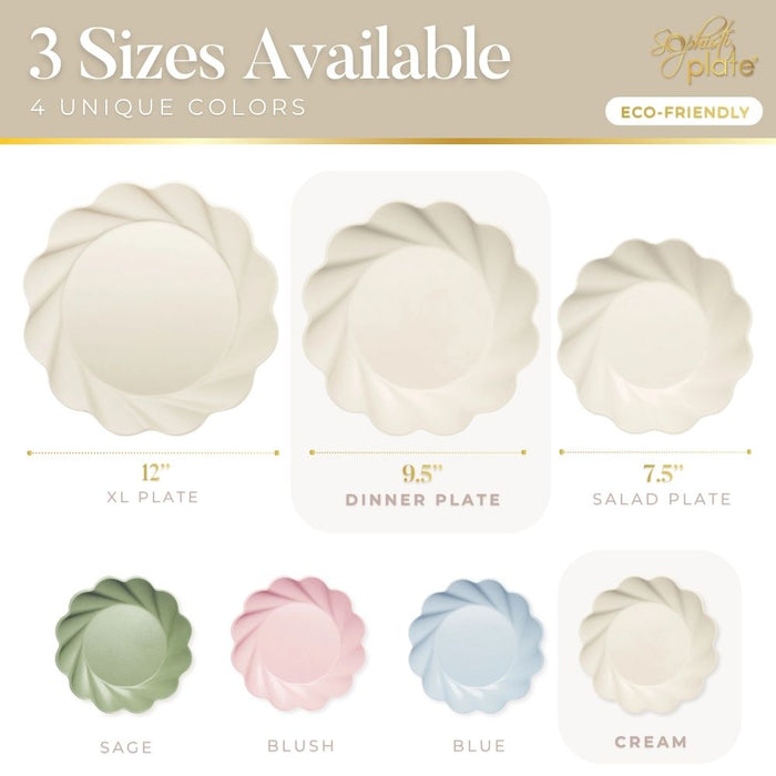 Image shows Sophistiplate Simply Eco Dinner Plate in cream (8-pack), made from bamboo fiber with a swirl design. Available colors: sage, blush, blue, and cream. Eco-friendly plates perfect for any occasion.