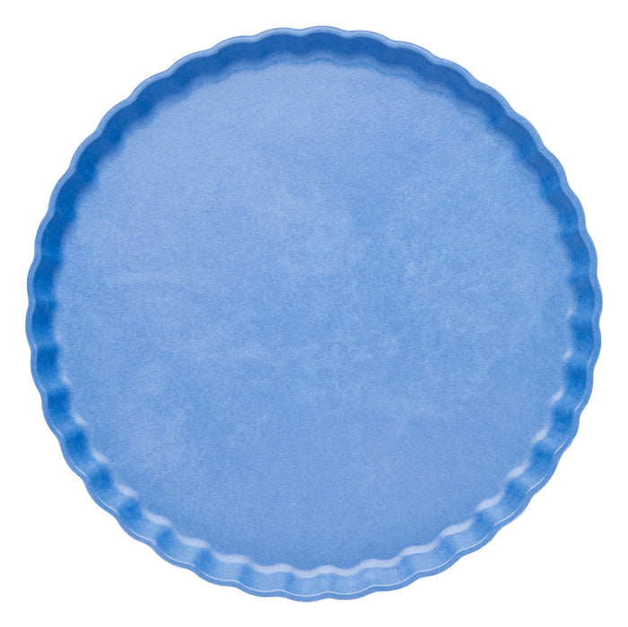 The Sophistiplate Simply Eco Dinner Plate in French Blue features a round, solid color with scalloped, wavy edges and a smooth matte finish. Shown on a white background, this eco-friendly tableware comes in an 8-pack.