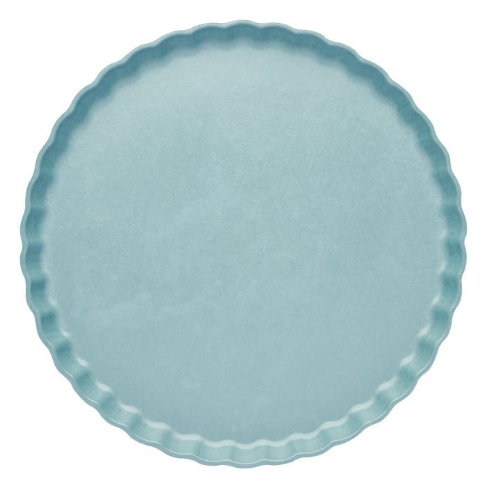 The Sophistiplate Simply Eco Dinner Plate- Pool (8/pkg) features a light blue, round design with gently scalloped edges—an elegant, eco-friendly alternative to standard tableware.