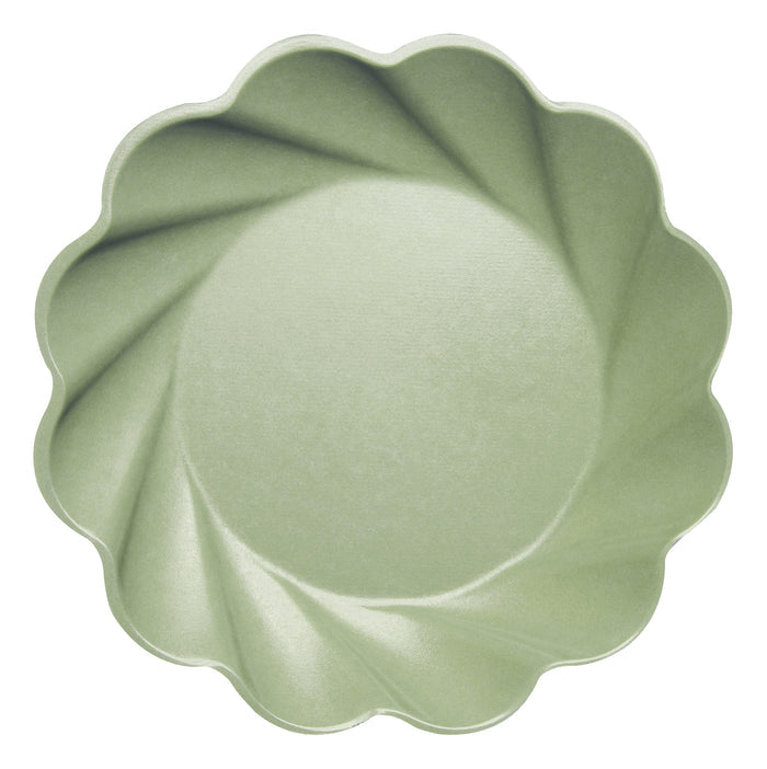 The Simply Eco Dinner Plate by Sophistiplate features a round, sage-green bamboo fiber design with a matte, swirled texture and scalloped floral edge—an eco-friendly plate perfect for parties. Comes in an 8-pack.