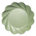 The Simply Eco Dinner Plate by Sophistiplate features a round, sage-green bamboo fiber design with a matte, swirled texture and scalloped floral edge—an eco-friendly plate perfect for parties. Comes in an 8-pack.