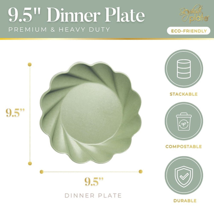 The Sophistiplate Simply Eco Dinner Plate in Sage is a green, round 9.5-inch bamboo party plate with a wavy edge. This premium, heavy duty pack of 8 is stackable, durable, compostable, and eco-friendly.