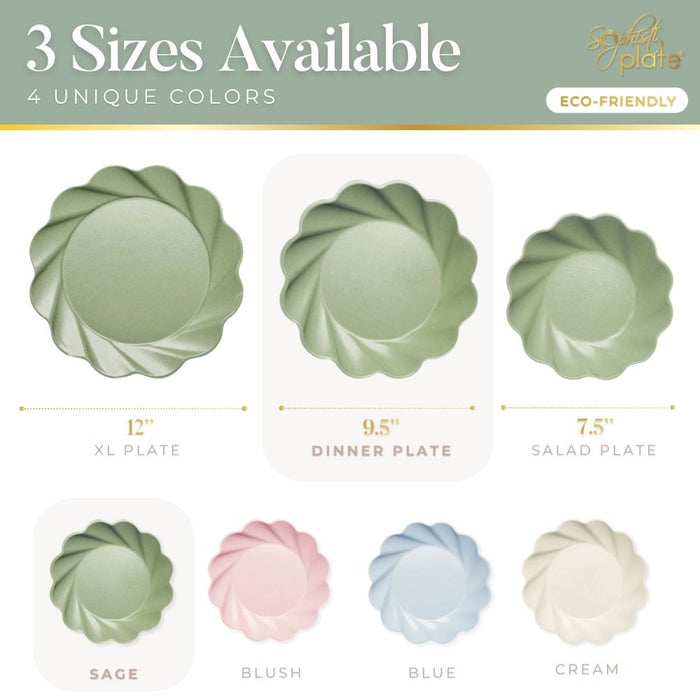 Infographic features Sophistiplate’s Simply Eco Dinner Plates in sage (8/pkg), with three sizes—12" XL, 9.5" dinner, 7.5" salad—and four colors: sage, blush, blue, and cream. “3 Sizes Available, 4 Unique Colors.” Eco-friendly for sustainability.