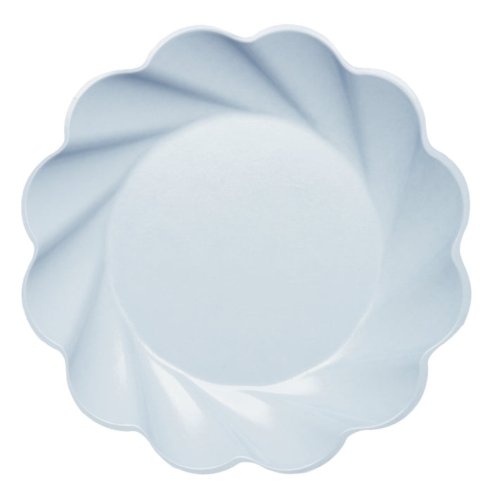 The Simply Eco Dinner Plate by Sophistiplate in sky blue is shown from above on a white background—a stylish, eco-friendly choice for parties. Comes in a package of 8 and features an elegant scalloped edge with a subtle swirling pattern.