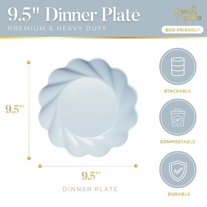 Top view of a Sky Blue Sophistiplate Simply Eco Dinner Plate (9.5", compostable, scalloped-edge), with eco-friendly, stackable, durable, premium, and heavy duty icons—ideal for sustainable parties. Comes in an 8-pack.