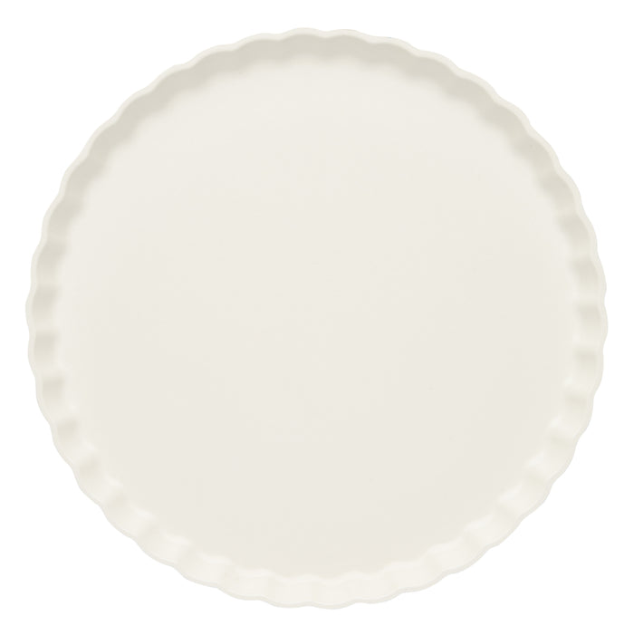 A round, plain white tart or quiche pan with a fluted edge is shown from above on a white background, ideal for serving with Sophistiplate's Simply Eco Dinner Plate- White/8pkg.