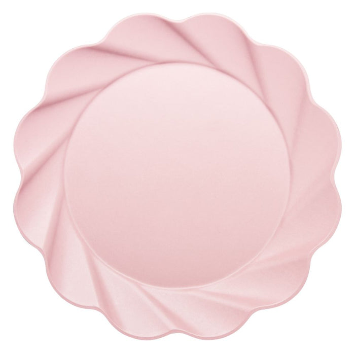 The Sophistiplate Simply Eco Extra Large Plate in Blush (8pk) features a round design, scalloped edge, and swirling ridged border. Made from bamboo fiber, this eco-friendly plate is perfect for stylish gatherings and parties.