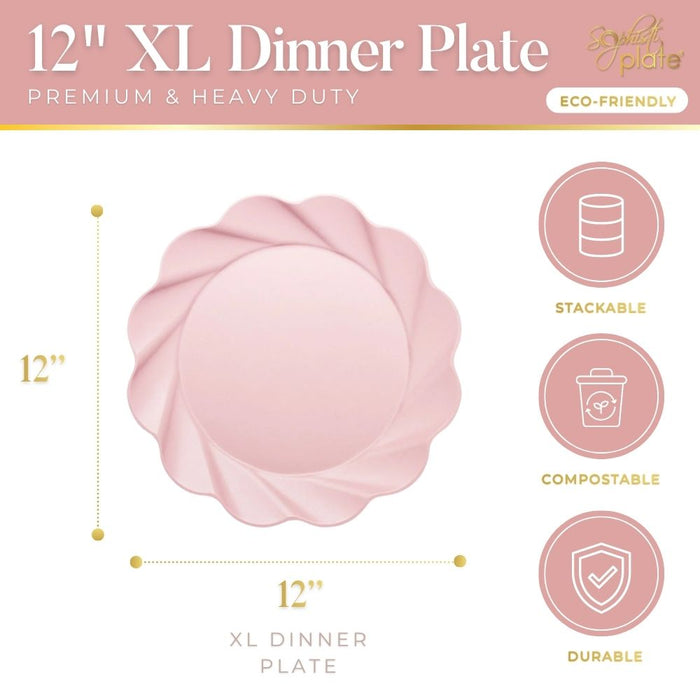 Infographic of the Sophistiplate Simply Eco Extra Large Plate- Blush/8pk, a 12" pink premium bamboo fiber dinner plate. Labeled eco-friendly, heavy-duty, stackable, compostable & durable—ideal for parties. Plate shown with dimensions.