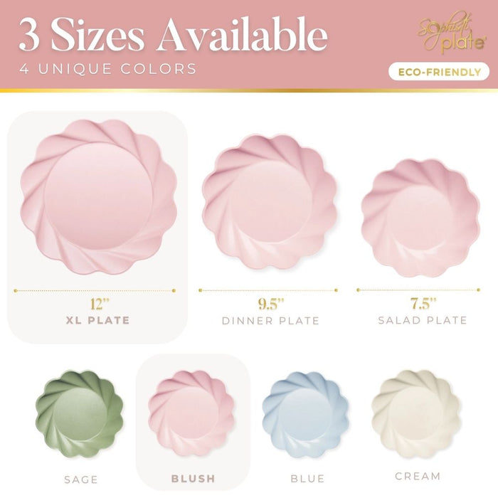 Sophistiplate Simply Eco Extra Large Plates in blush pink are eco-friendly bamboo fiber plates with a swirled edge. Each pack includes 8 XL 12-inch plates, perfect for parties and gatherings.