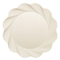 The Simply Eco Extra Large Plate by Sophistiplate features a round, cream-colored bamboo fiber design with smooth surface and scalloped edge. Shown photographed from above, this eco-friendly party plate comes in an 8-pack.