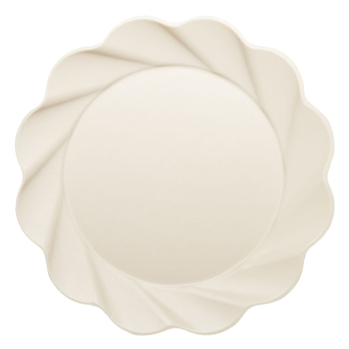 The Simply Eco Extra Large Plate by Sophistiplate features a round, cream-colored bamboo fiber design with smooth surface and scalloped edge. Shown photographed from above, this eco-friendly party plate comes in an 8-pack.
