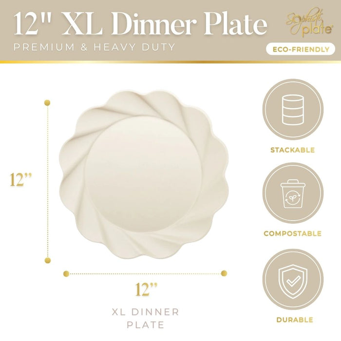 Infographic of the Sophistiplate Simply Eco Extra Large Plate (Cream, 8pk). These 12-inch stackable, durable, premium bamboo fiber plates are compostable and heavy duty—perfect for eco-friendly parties. Beige with gold accents.