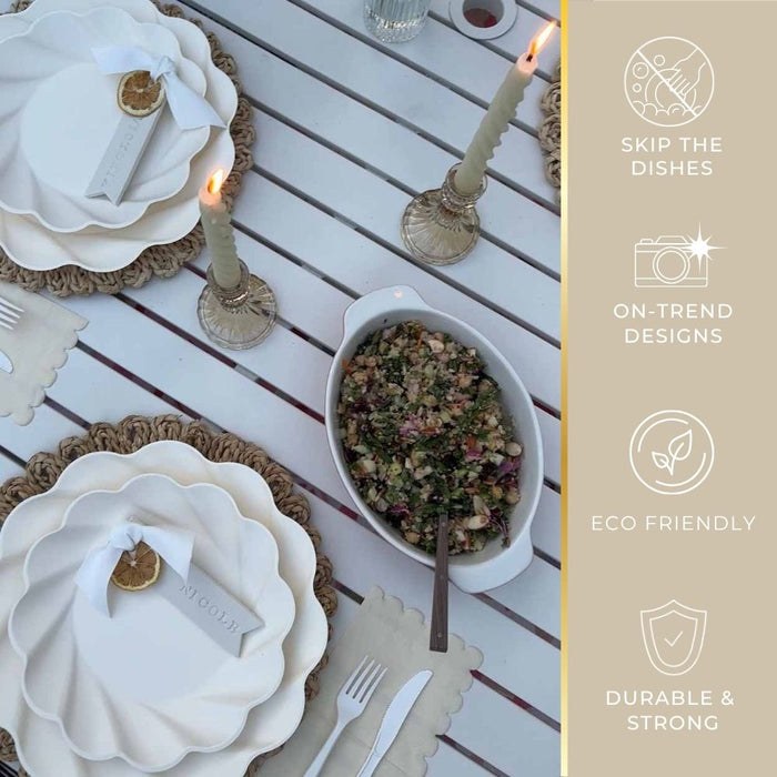Create a chic al fresco vibe with Sophistiplate’s Eco-Friendly Table Setting in Cream—scalloped bamboo plates, woven placemats, and candles elevate durable, on-trend entertaining. Skip the dishes with this sustainable tabletop option.
