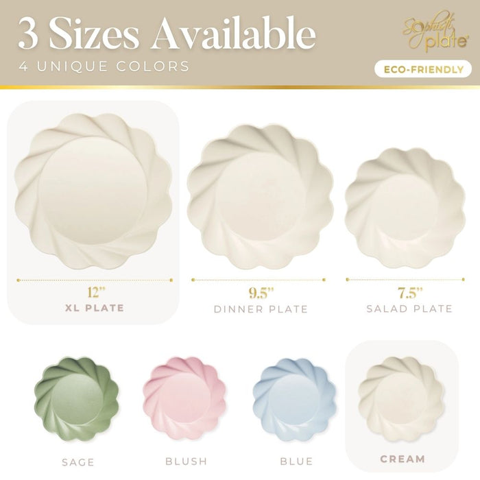 Showcasing Sophistiplate’s Simply Eco Extra Large Plates in cream (8pk): stylish, compostable bamboo fiber plates—perfect for eco-friendly gatherings. Mix with dinner and salad sizes in sage, blush, and blue for a colorful tablescape.
