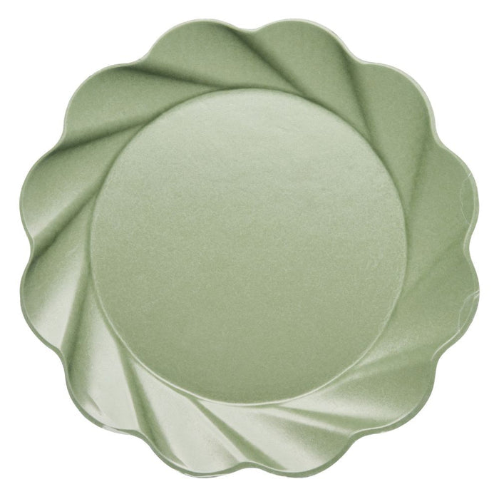 The Eco Cream & Sage Table Setting by Sophistiplate LLC features a light green, round bamboo plate with a scalloped rim and subtle swirl pattern—an eco-friendly choice for stylish gatherings.