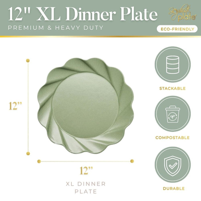 The Simply Eco Extra Large Plate - Sage/8pk by Sophistiplate features 12-inch scalloped edges. Stackable, durable, premium heavy-duty, eco-friendly, and compostable bamboo—ideal for sustainable dining.