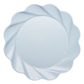 The Sophistiplate Simply Eco Extra Large Plate in Sky Blue, sold in an 8-pack, features a round shape with scalloped, slightly swirled edges and is compostable. Shown from above on a white background.