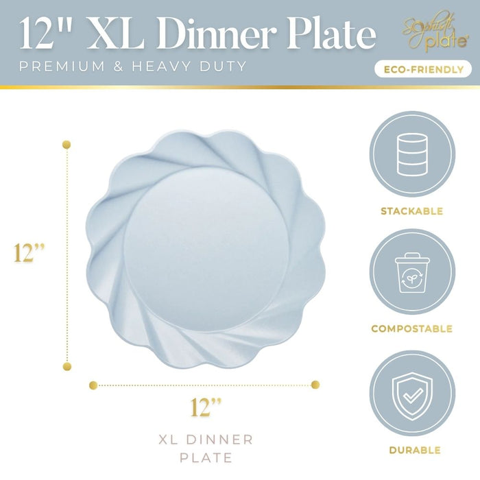 A graphic displays the Sophistiplate Simply Eco Extra Large Plate - Sky Blue/8pk, a 12-inch bamboo plate with a wavy rim, labeled as premium, heavy duty, durable, stackable, compostable, and eco-friendly with feature icons.