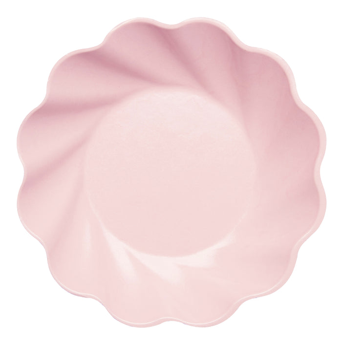 The Sophistiplate Simply Eco Salad Plate in blush features a round, light pink design with a scalloped edge, shown from above on a white background—ideal for serving snacks on eco-friendly plates. Comes in a pack of 8.