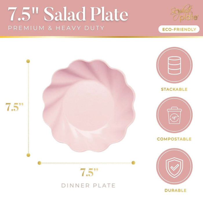 Sophistiplate Simply Eco Salad Plate in Blush (7.5", 8/pkg) shown from above; labeled as premium, heavy duty, eco-friendly, stackable, compostable, and durable—perfect for any event!.