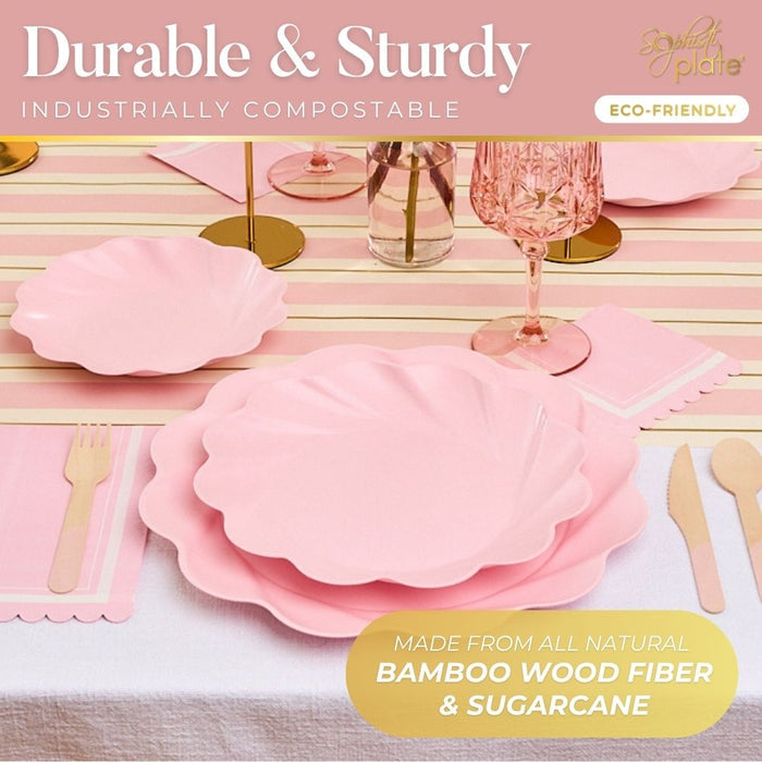 The Eco-Friendly Table Setting- Blush by Sophistiplate features pastel pink scalloped cups, cutlery, and bamboo wood fiber and sugarcane plates. Durable and industrially compostable, it’s perfect for stylish, sustainable gatherings.