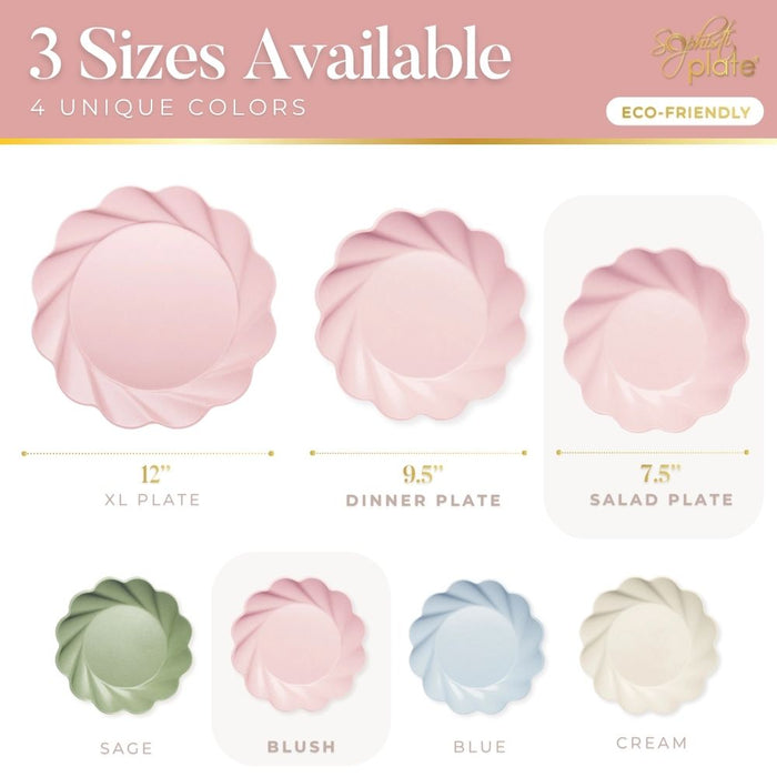 Image shows Simply Eco Salad Plate by Sophistiplate in blush pink, part of a set of pastel bamboo plates in 12" XL, 9.5" dinner, and 7.5" salad sizes—eco-friendly and available in sage green, blush pink, blue, and cream (8 per package).