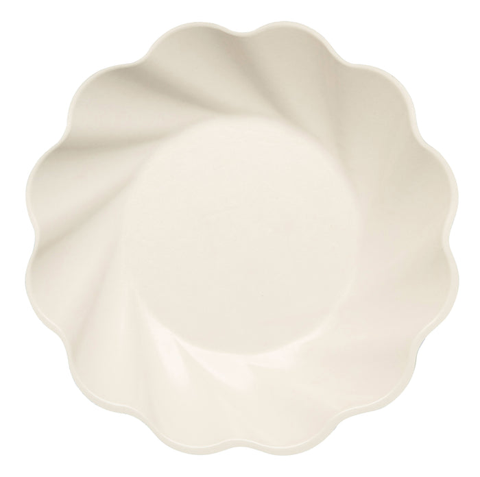 A top-down view of the Sophistiplate Simply Eco Salad Plate in cream, featuring a round shape, scalloped wavy edge, and smooth surface; available in a pack of 8.