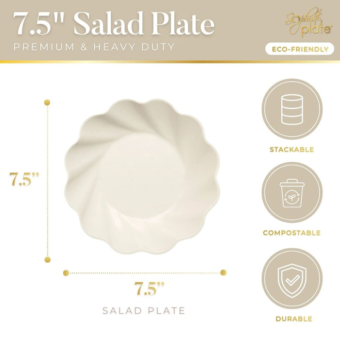 Top view of Sophistiplate's Simply Eco Salad Plate in cream (7.5", 8/pkg)—a white, wavy-edged bamboo fiber plate. Icons/text show it's stackable, compostable, durable, eco-friendly & heavy-duty—ideal for parties. Measurements displayed beside plate.