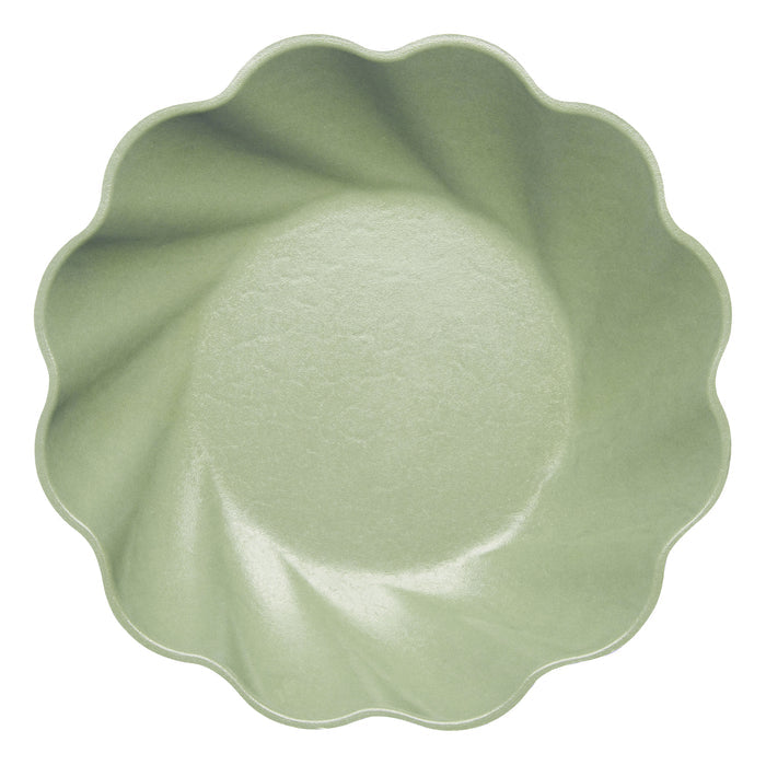 The Sophistiplate LLC Eco Cream & Sage Table Setting features a light green, round bamboo plate with a scalloped wavy edge and smooth matte finish—perfect for eco-conscious dining.