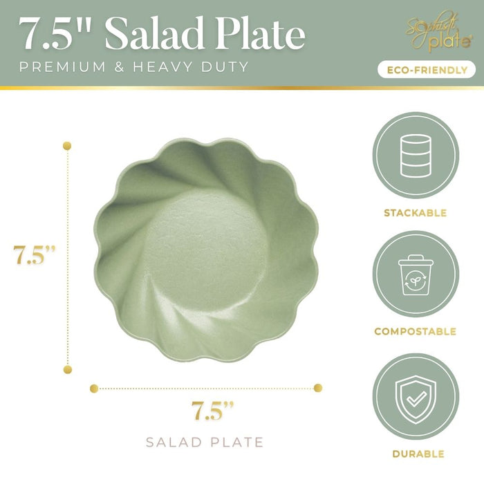 Top view of Simply Eco Salad Plate- Sage/8pk by Sophistiplate, a green 7.5-inch bamboo fiber plate with scalloped edge—stackable, compostable, durable, premium quality, heavy duty, and sustainable—ideal for eco-friendly parties.