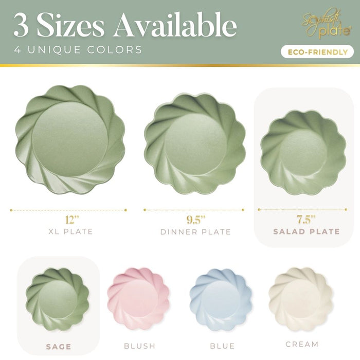 Image displays Sophistiplate Simply Eco Salad Plate—sage color, 8-pack—plus dinner and XL sizes, all compostable with a swirled edge. Available in sage, blush, blue, and cream for eco-friendly parties.