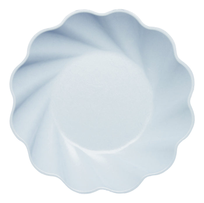 The Sophistiplate Simply Eco Salad Plate Sky (Sky Blue, 8pk) features a round bamboo fiber design with a scalloped edge and subtle spiral pattern—an eco-friendly choice for parties.