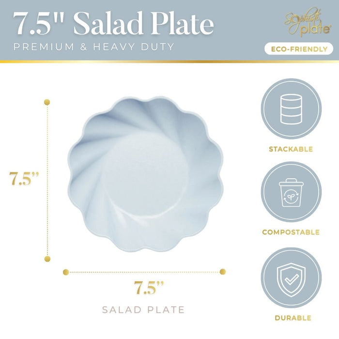 A sky blue, 7.5-inch Simply Eco Salad Plate by Sophistiplate is shown from above. Icons highlight that these compostable, stackable plates are durable and eco-friendly. Premium bamboo fiber design makes them perfect for any event—8 pack included.