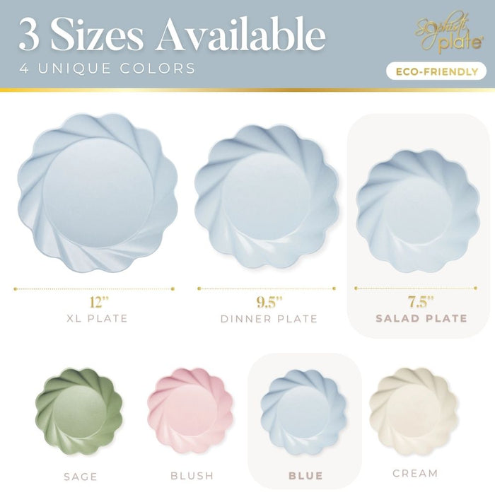 Image showing Simply Eco Salad Plate Sky by Sophistiplate: 8-pack of sky blue bamboo fiber plates with a swirled edge design, labeled as eco-friendly party plates.