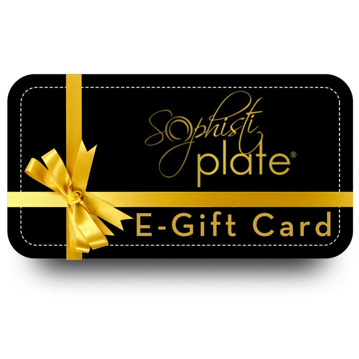 The Sophistiplate Gift Card features a sleek black design with a gold ribbon and bow, plus the Sophistiplate logo and "E-Gift Card" in gold—ideal for easy, stylish email delivery.