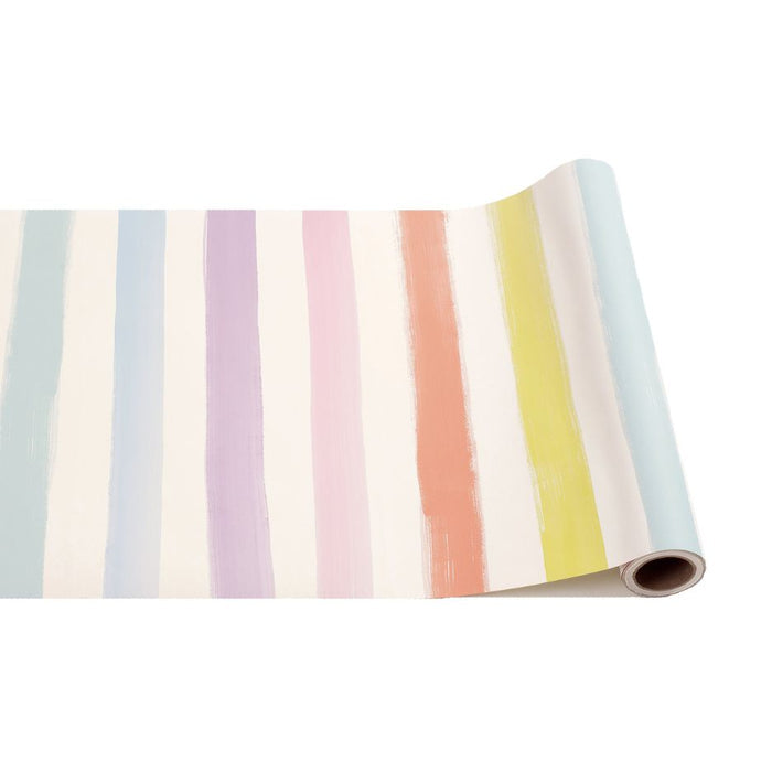The Hester & Cook Sorbet Painted Classic Stripe Runner (20x25") features vertical pastel stripes in blue, yellow, orange, pink, purple, and white with a painterly effect—ideal for creative gift wrapping or as a unique table runner.