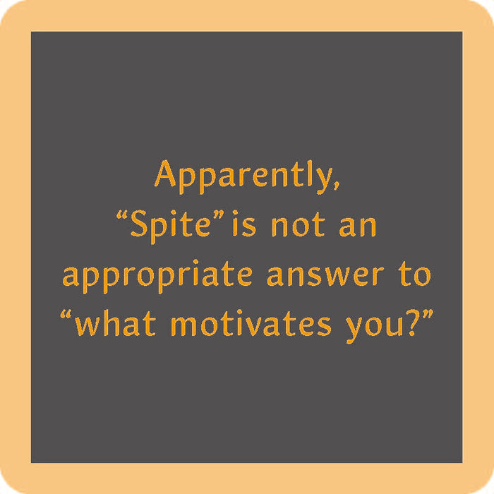 The Spite Coaster by Drinks On Me features a gray box with yellow border and the witty text: "Apparently, Spite is not an appropriate answer to what motivates you?" – a fun gift or quirky bar cart accessory.