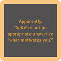 The Spite Coaster by Drinks On Me features a gray box with yellow border and the witty text: "Apparently, Spite is not an appropriate answer to what motivates you?" – a fun gift or quirky bar cart accessory.