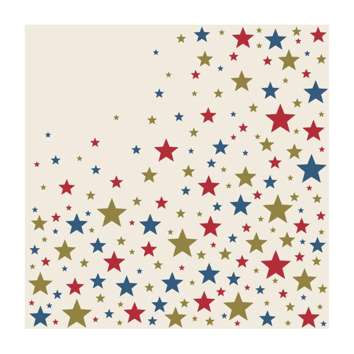 Add a touch of sparkle to your gathering with Hester & Cook's Star-Spangled Cocktail Napkins (20pk), featuring a beige background and scattered red, blue, and gold stars clustered in the lower right corner and fading to the upper left.