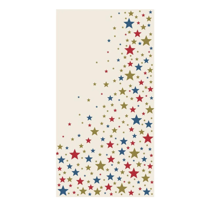 The Hester & Cook Star-Spangled Guest Towels (16pk) feature a cream background with red, blue, and gold stars clustered along the right—an ideal festive touch for your Fourth of July napkin display.