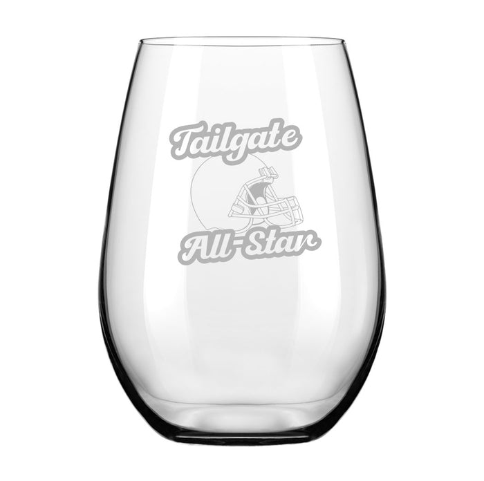 The Maple Stemless Wine Glass | Tailgate | 21oz features a white football helmet graphic with "Tailgate All-Star" above and below, perfect for game day.