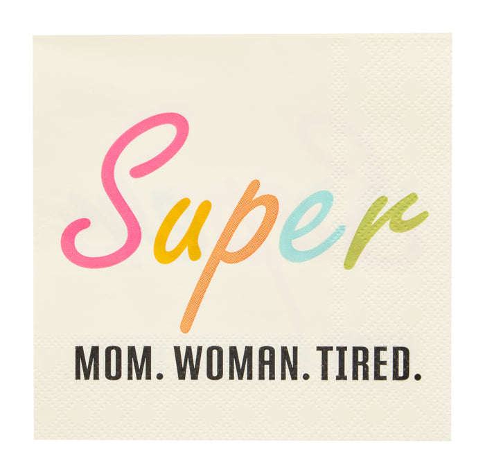 The Sugarplum Super Mom Woman Tired Cocktail Napkins (26pk) feature colorful “Super” cursive above bold “MOM. WOMAN. TIRED.”—perfect as fun Mother’s Day napkins or party supplies and a great gift for moms!.