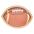 Sophistiplate Tailgate Die Cut Football Salad Plates (8pk) feature a football shape with a brown textured surface, white laces, and tan edges—perfect game day tableware for your football party.