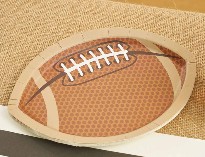 Sophistiplate Tailgate Die Cut Football Salad Plates (8pk) feature a realistic football design with white laces and brown texture—perfect disposable tableware for your game day or football party collection.