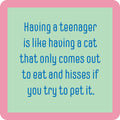 The Drinks On Me Teenager Cat Coaster features a blue text graphic on a green background with a pink border: “Having a teenager is like having a cat that only comes out to eat and hisses if you try to pet it.” A quirky, funny housewarming gift!.