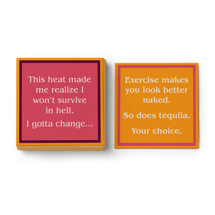Bring humor to your bar cart with Drinks On Me’s Tequila Napkin. These vibrant pink and orange cocktail napkins feature witty quotes, making them perfect for birthday parties and sure to keep guests entertained.