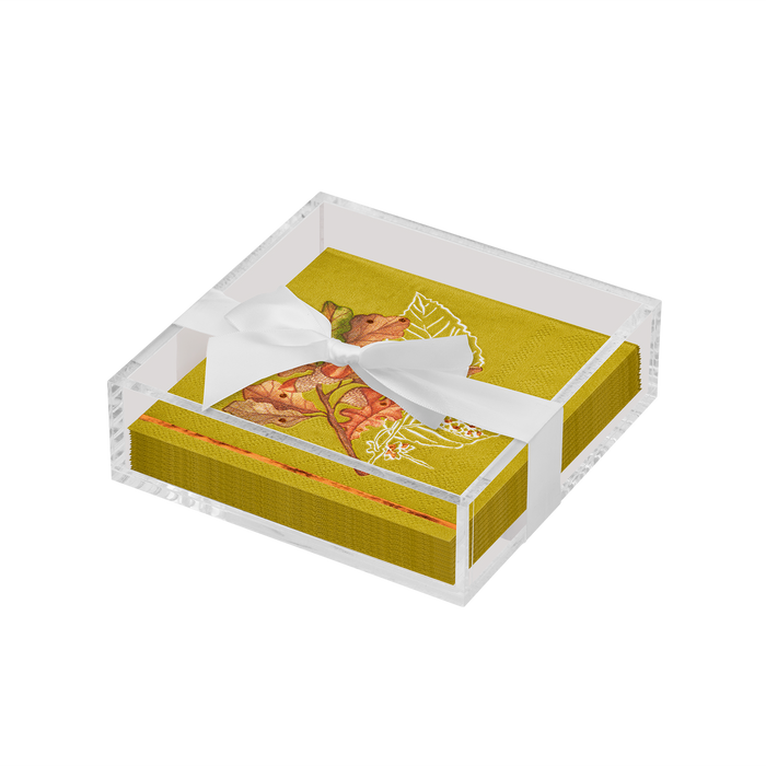 The Sophistiplate Thanksgiving Cocktail Napkin with Napkin Tray is a modern tabletop essential, featuring a clear acrylic tray holding yellow floral napkins neatly tied with a white satin ribbon bow.
