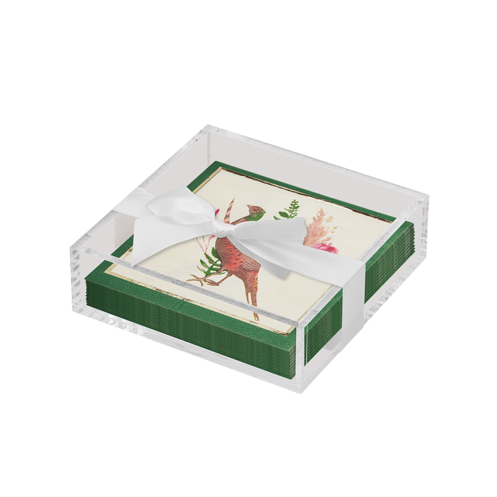 The Sophistiplate Thanksgiving Cocktail Napkin with Napkin Tray features a clear acrylic holder and pheasant and floral napkins with green borders, all tied with a white ribbon—perfect for adding charm to any modern tabletop.