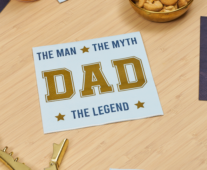 Sugarplum’s The Man The Myth Cocktail Napkins (26pk) feature “The Man The Myth DAD The Legend” in blue and gold, making them perfect for Father’s Day celebrations.